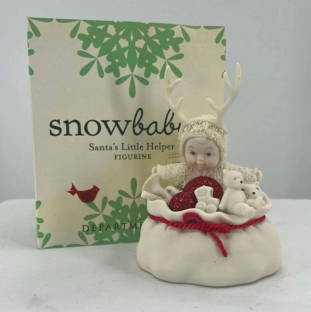 Department 56 Snowbabies Santa’s Little Helper with packaging, front view.