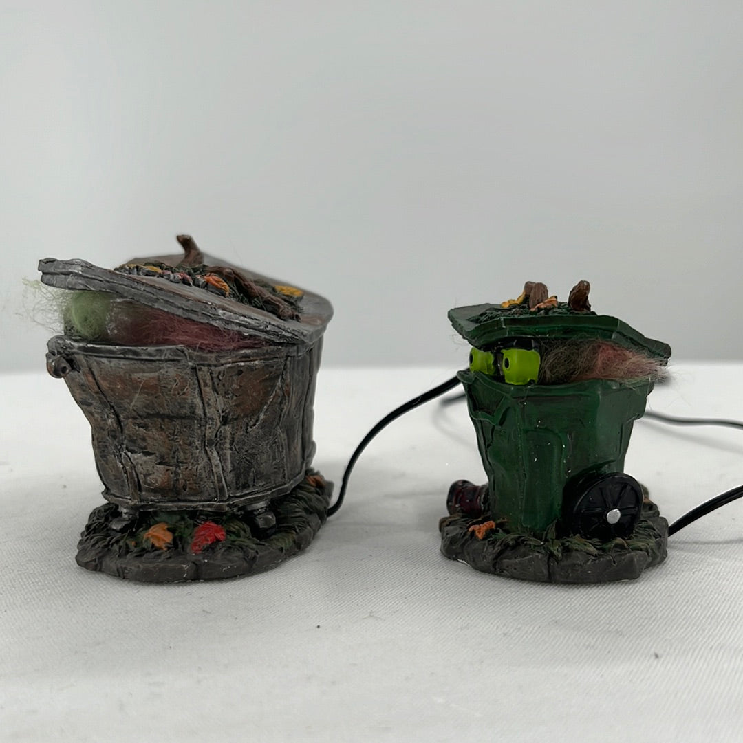 Department 56 Snow Village Halloween Spooky Trash Cans (set of 2), side view.