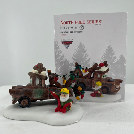 Department 56 North Pole Series Disney Pixar’s Cars Christmas Trim for Mater, side view.