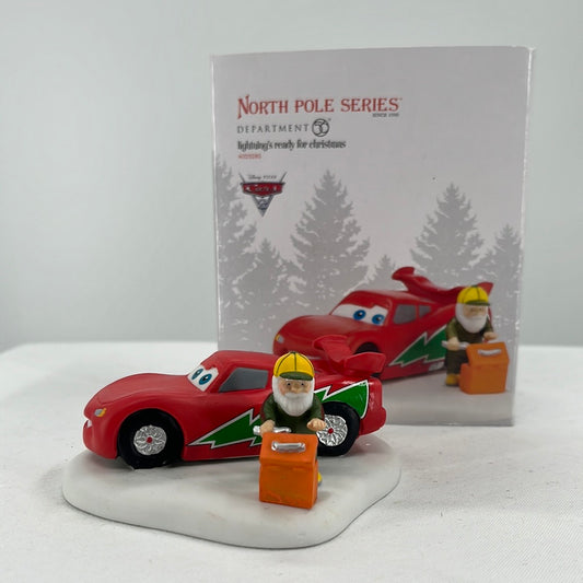 Department 56 North Pole Series Disney Pixar Cars Lightening’s Ready for Christmas, side view.