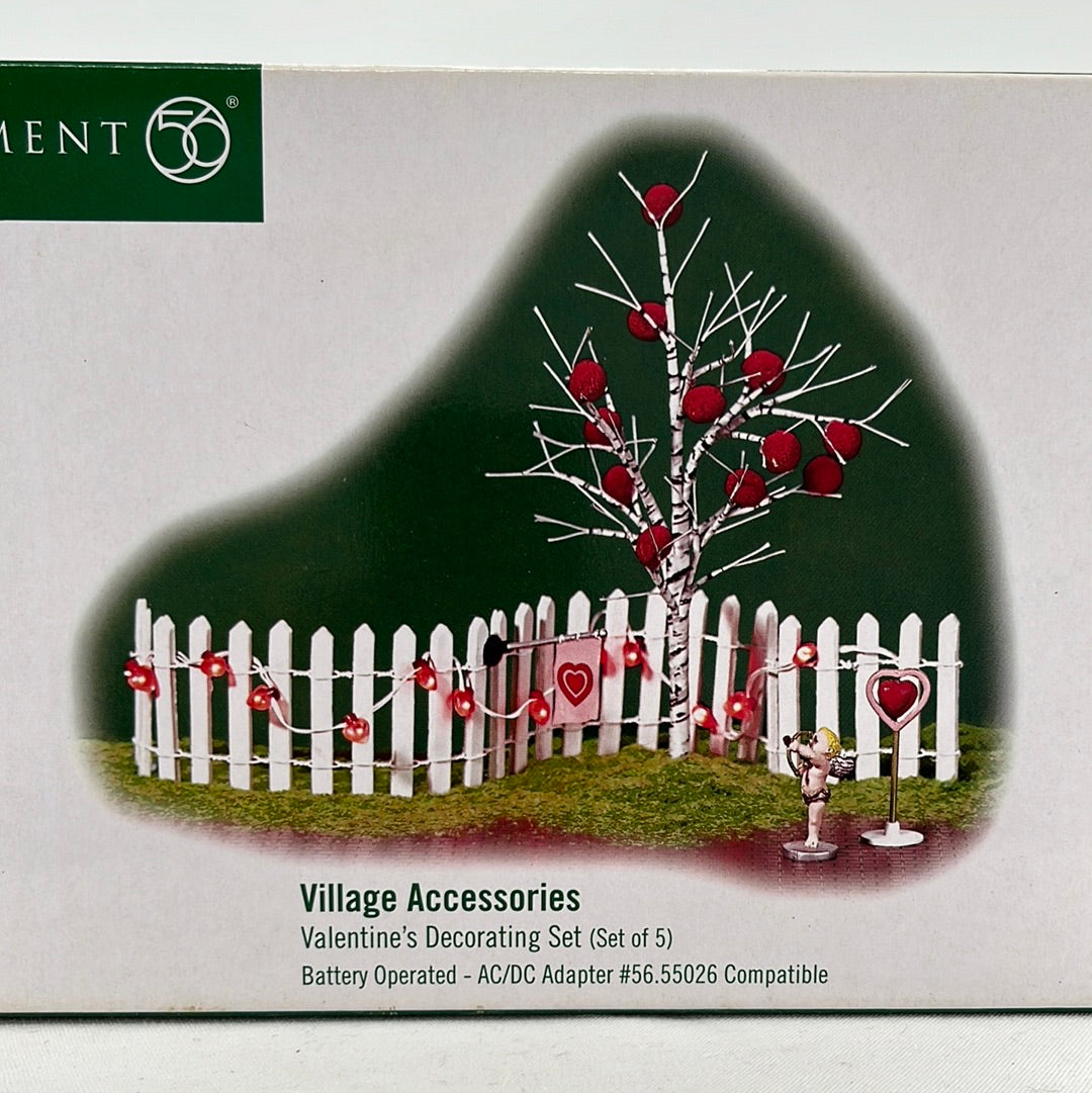 Department 56 Village Accessories Valentine’s Day Decorating Set (set of 5), packaging front view.