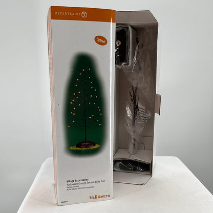 Department 56 Snow Village Halloween Orange Twinkle Brite Tree, front view still fastened in packaging.