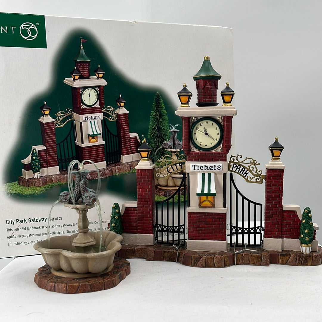 Department 56 Christmas in the City Park Gateway (Set of 2), front view.