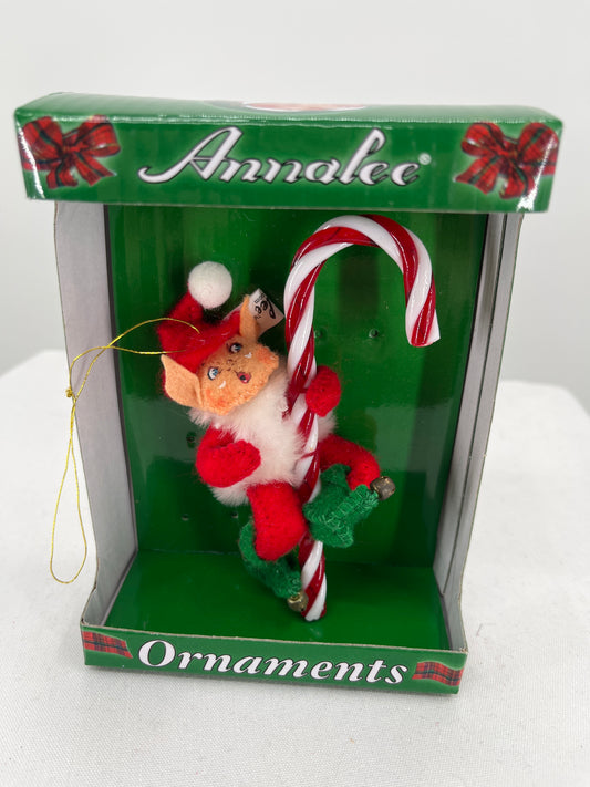 Red Candy Cane Elf Annalee Doll Ornament 3”