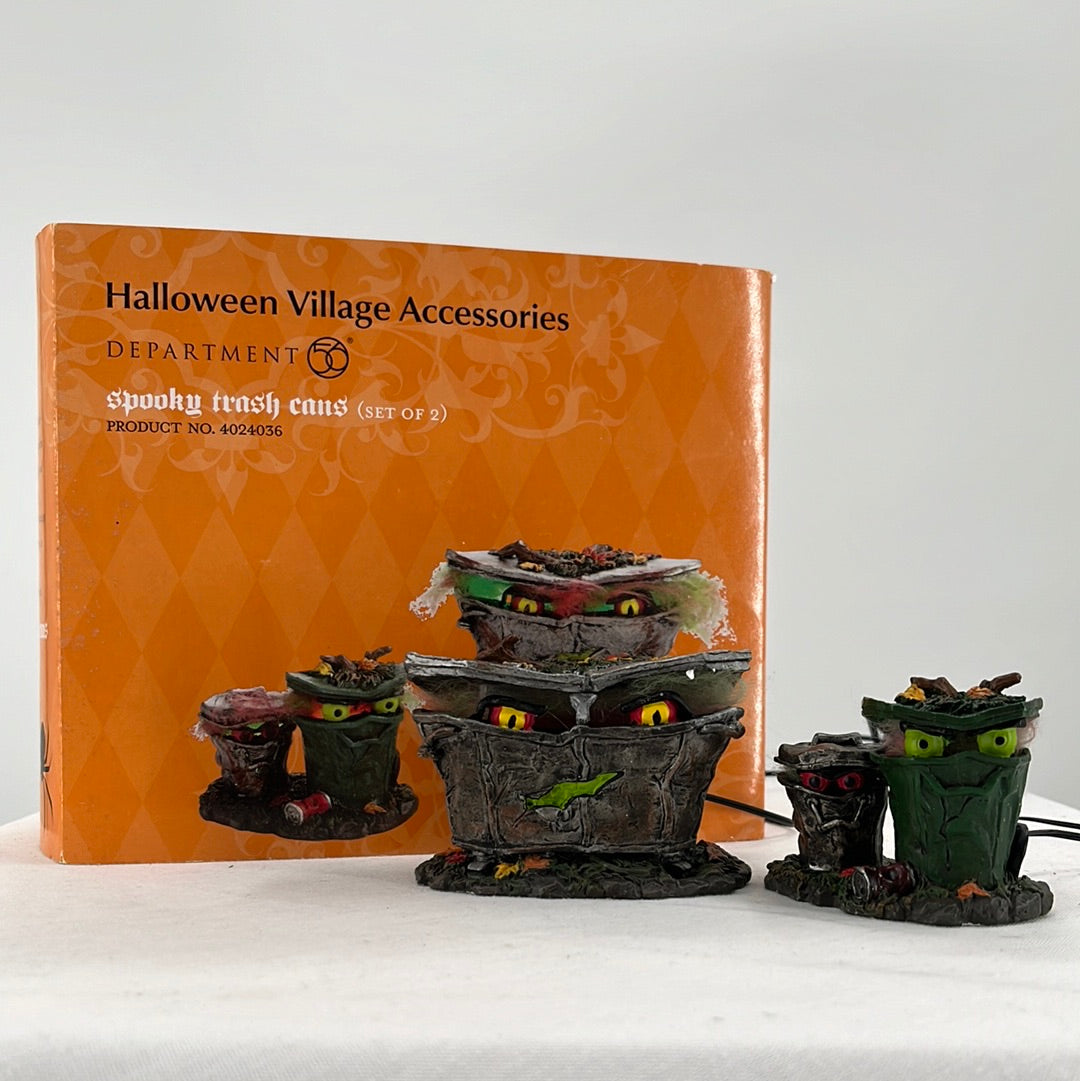 Department 56 Snow Village Halloween Spooky Trash Cans (set of 2), front view.