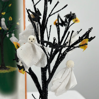 Department 56 Snow Village Halloween Bats and Spooks Tree (Set of 2), front view close-up.