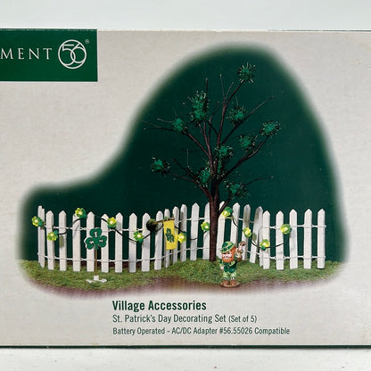 Department 56 Village Accessories St. Patrick’s Day Decorating Set (set of 5), packaging front view.