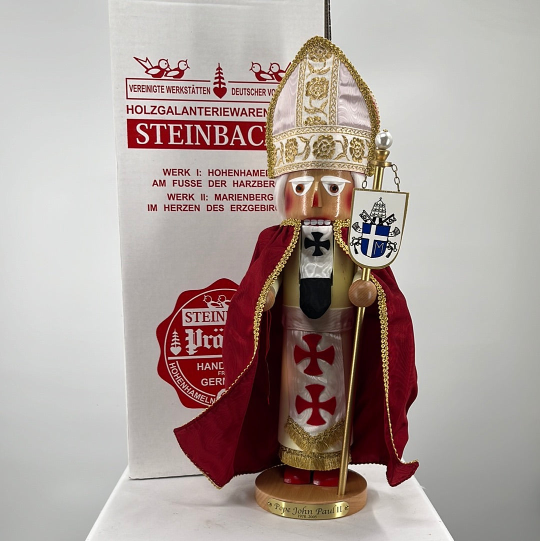 Steinbach Pope John Paul II Nutcracker with original packaging, front view.