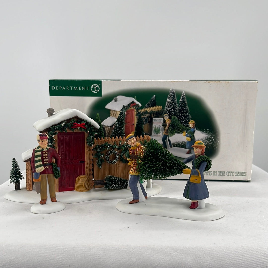 Department 56 Christmas in the City Picking Out the Christmas Tree (set of 3), front view.