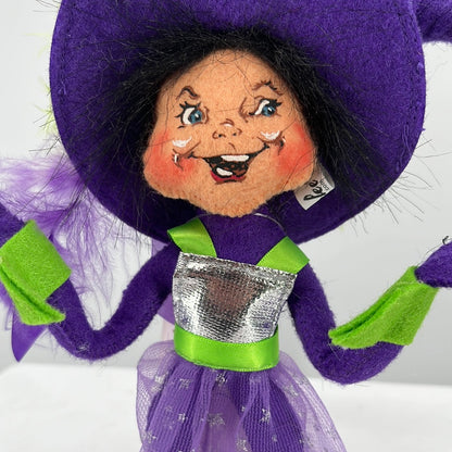 Halloween Annalee Doll Purple Witch Elf, front view close-up.