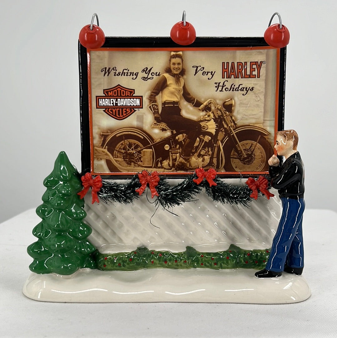 Department 56 The Original Snow Village Dreaming of a Harley Davidson Holiday, front view.