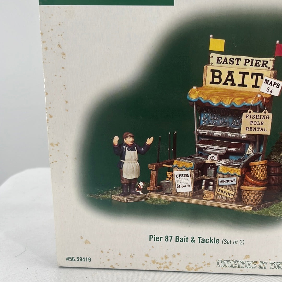 Department 56 Christmas in the City Pier 87 Bait & Tackle (Set of 2) packaging age spotting, front view.