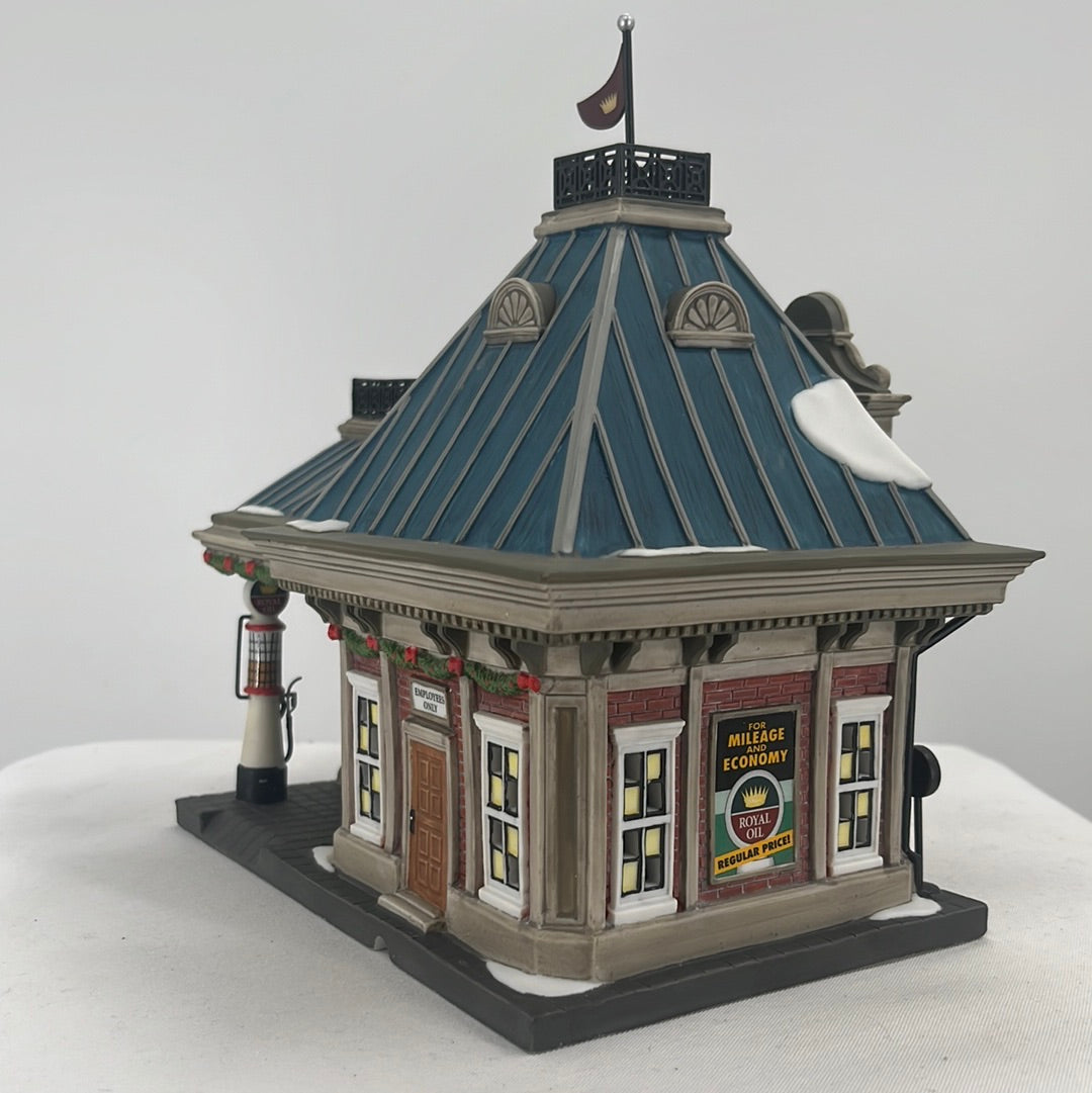 Department 56 Christmas in the City Royal Oil Company (Set of 2) lighted building, back view.