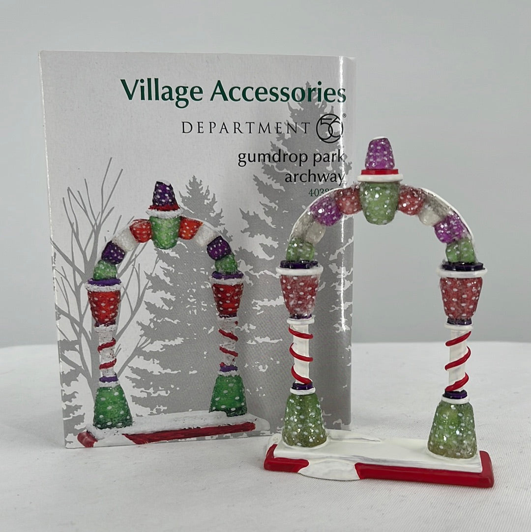 Department 56 Snow Village Gumdrop Park Archway with original packaging, front view.