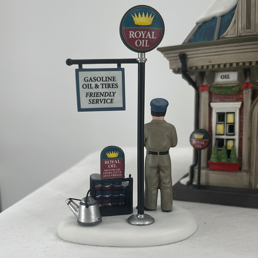 Department 56 Christmas in the City Royal Oil Company (Set of 2) accessory, back view.