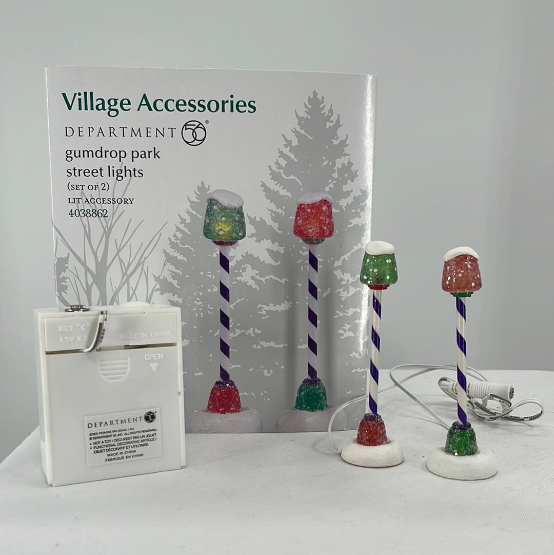 Department 56 Snow Village Gumdrop Park Street Lights (Set of 2) with original packaging and adaptor, front view.