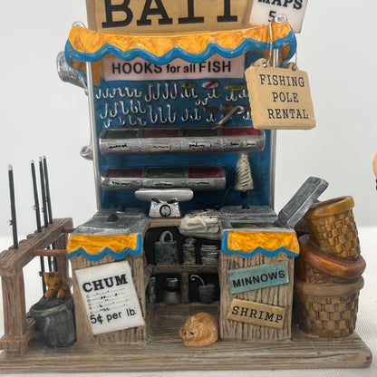 Department 56 Christmas in the City Pier 87 Bait & Tackle (Set of 2), front view close-up.