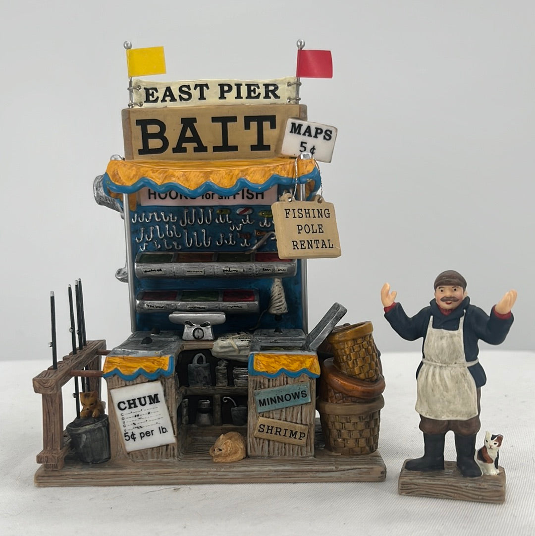 Department 56 Christmas in the City Pier 87 Bait & Tackle (Set of 2), front view.