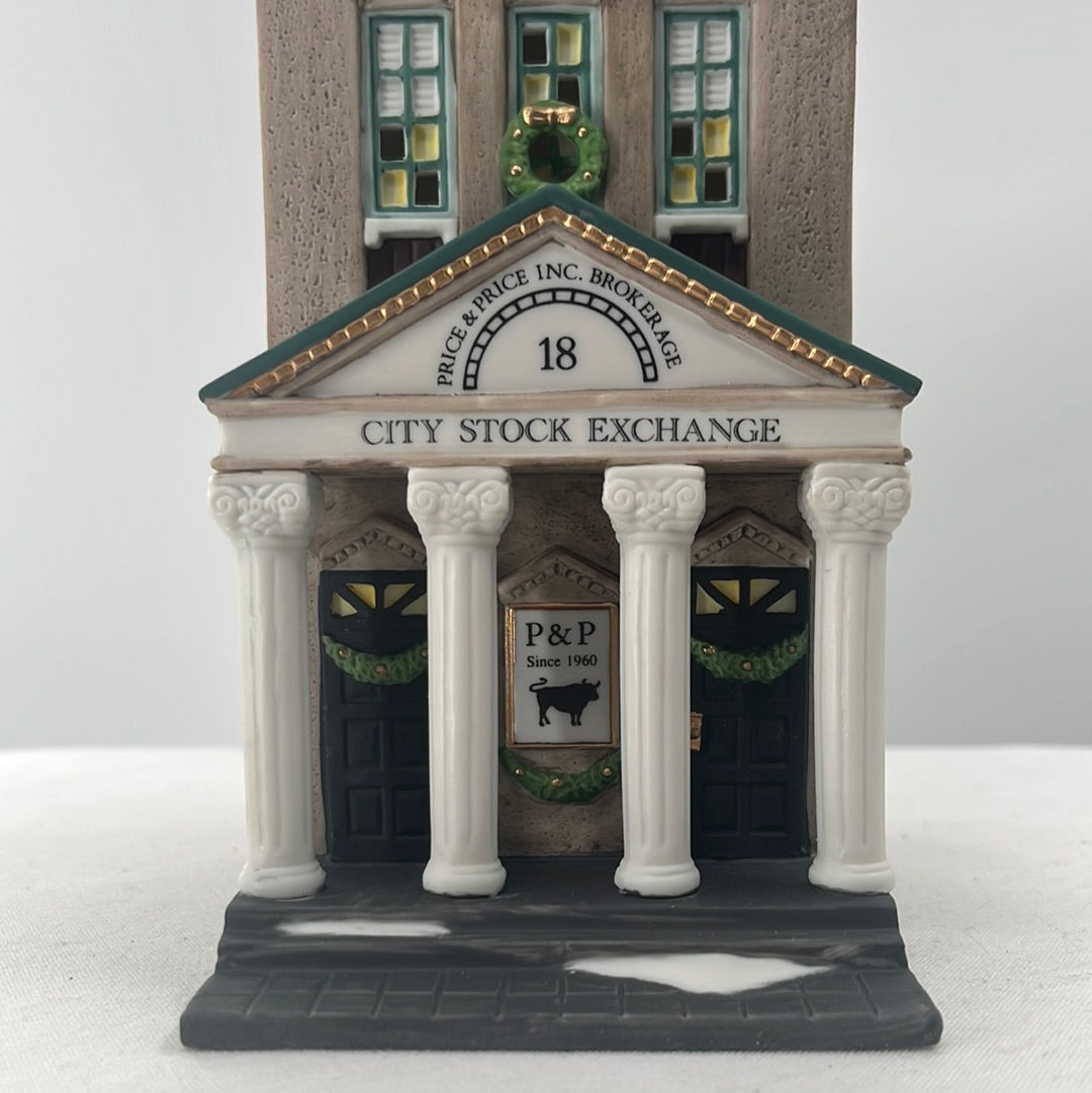 Department 56 Christmas in the City Brokerage House, front view close-up.