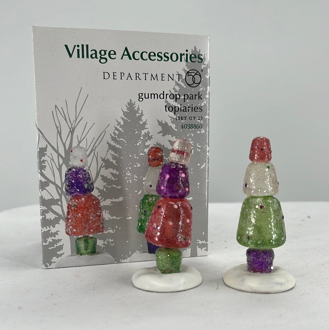 Department 56 Snow Village Gumdrop Topiaries (Set of 2) with original packaging, front view.