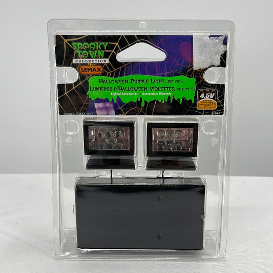 Lemax Spooky Town Halloween Purple Light (Set of 2), front view.