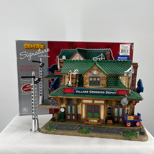 Lemax Harvest Crossing Village Crossing Depot (Set of 2) lighted building, front view with box. 